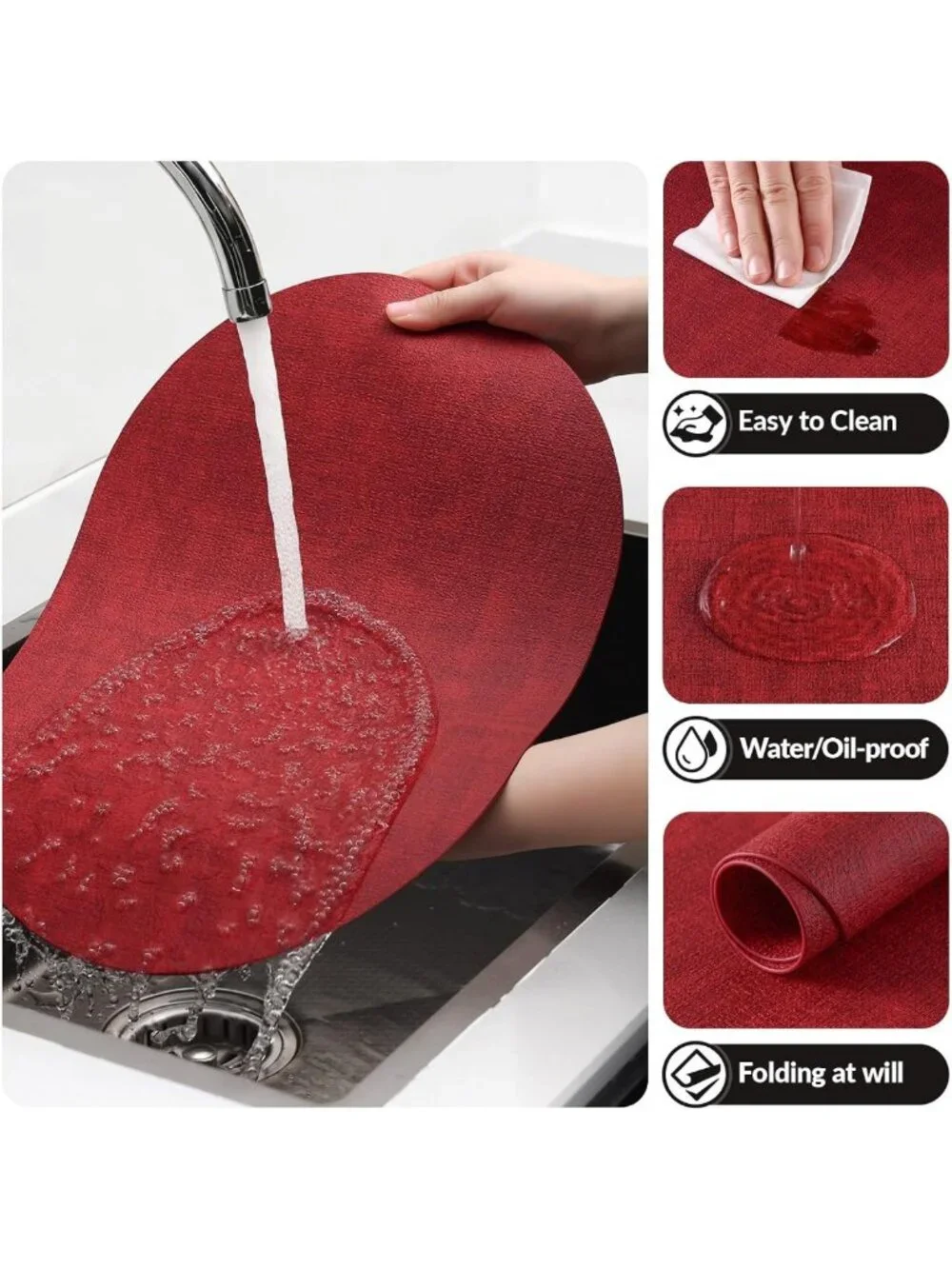 Set of 8 Heat Resistant Oval Placemats - Stylish Red Dining Table Decor